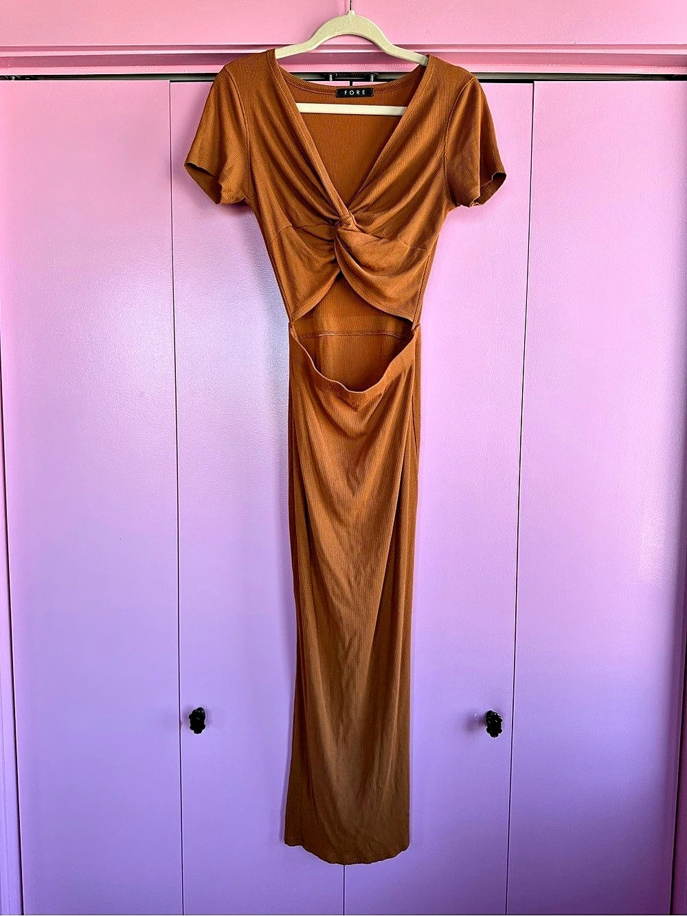 FORE Caramel Brown Ribbed Twist Front Cutout Maxi Dress / Medium